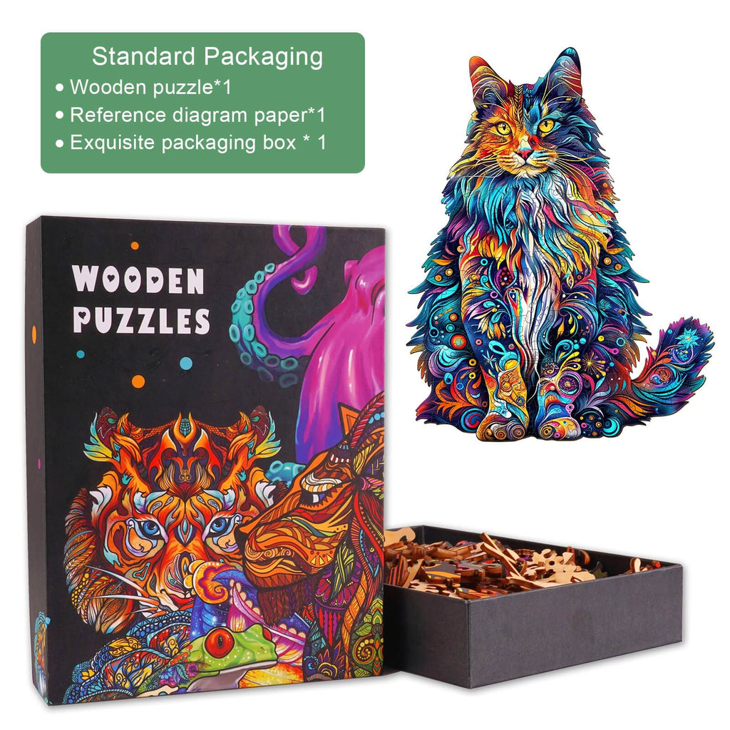 Colorful Maine Cat-3 wooden jigsaw puzzle with exquisite packaging and reference diagram, ideal for puzzle lovers.