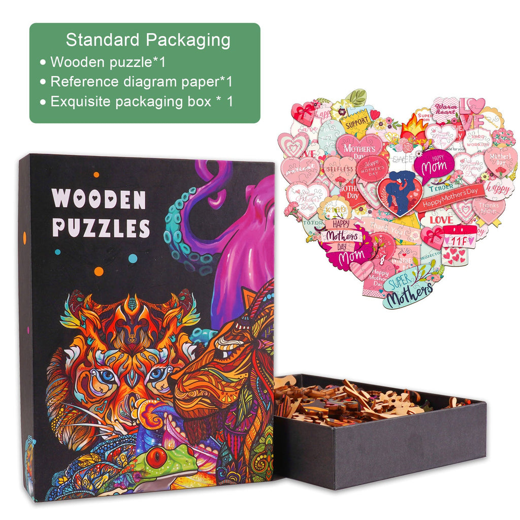 Letter to Mom wooden jigsaw puzzle with heart-shaped pieces, beautifully packaged for mindful gaming and focus enhancement.