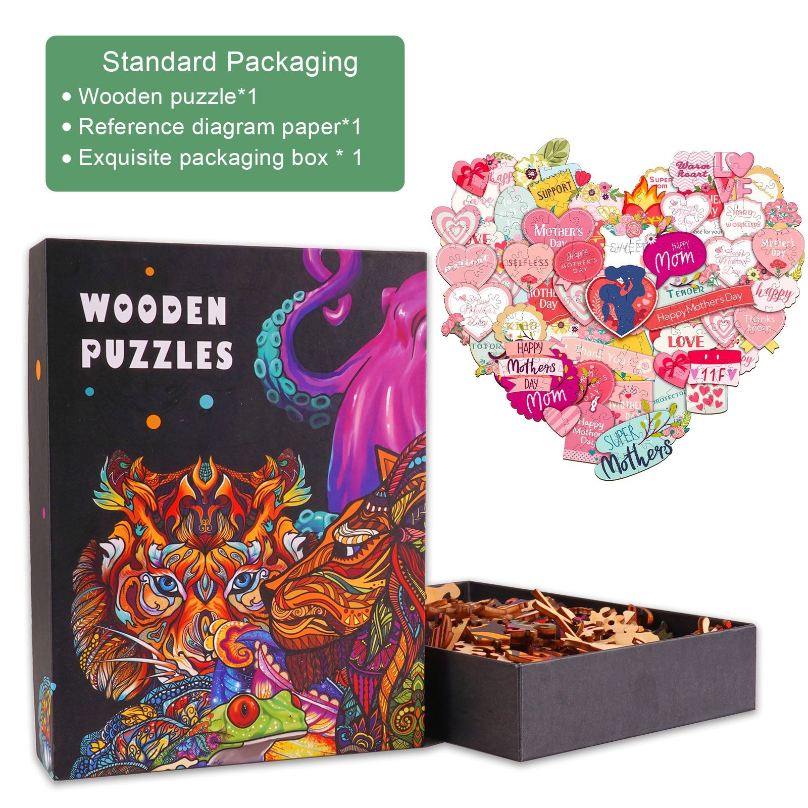 Letter to Mom wooden jigsaw puzzle with heart-shaped pieces, beautifully packaged for mindful gaming and focus enhancement.