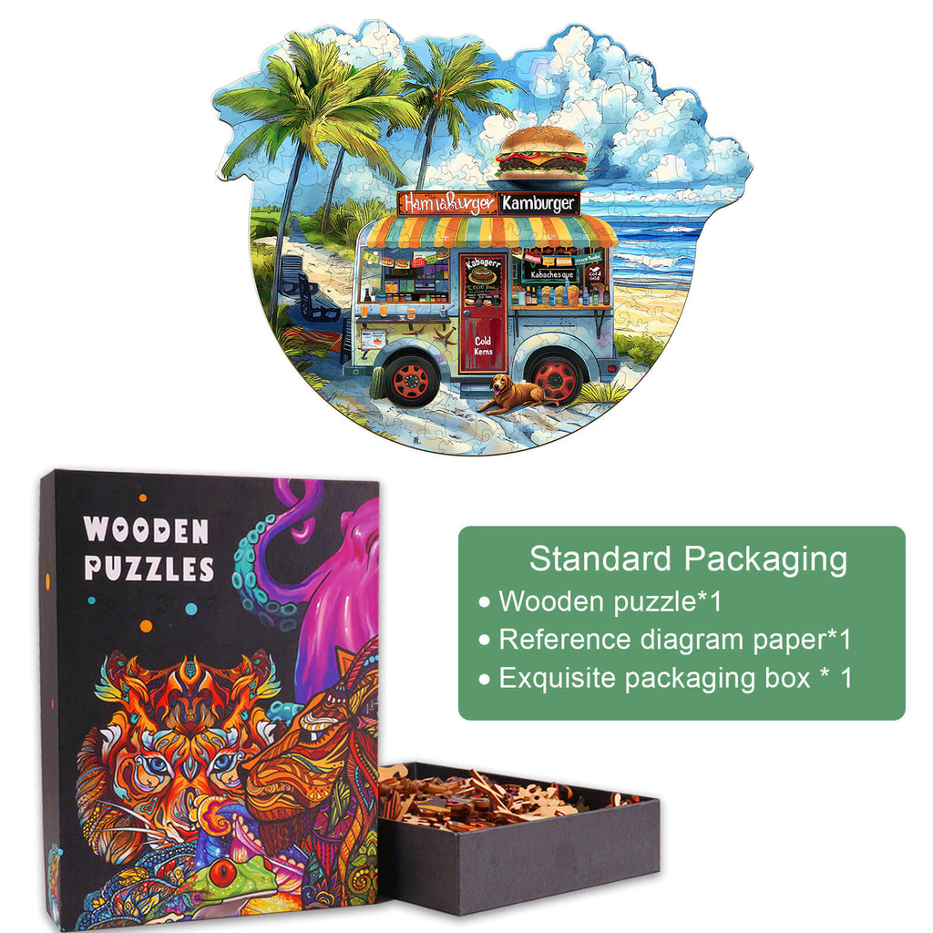 Wooden jigsaw puzzle of a colorful burger food truck with palm trees, including a packaging box.