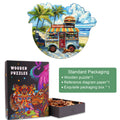 Wooden jigsaw puzzle of a colorful burger food truck with palm trees, including a packaging box.