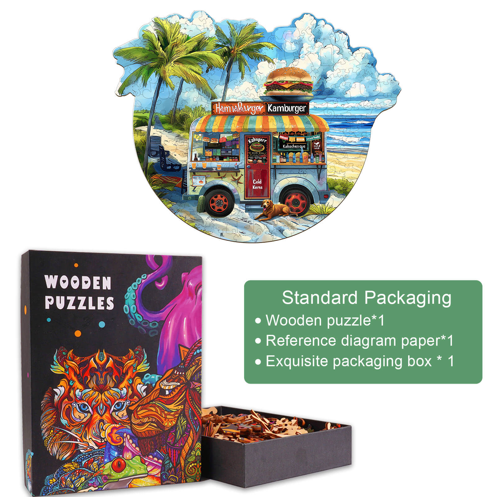 Wooden jigsaw puzzle of a colorful burger food truck with palm trees, including a packaging box.