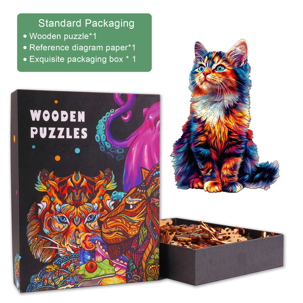 Colorful wooden jigsaw puzzle featuring a cat and vibrant packaging; includes reference diagram and exquisite box.