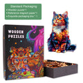 Colorful wooden jigsaw puzzle featuring a cat and vibrant packaging; includes reference diagram and exquisite box.