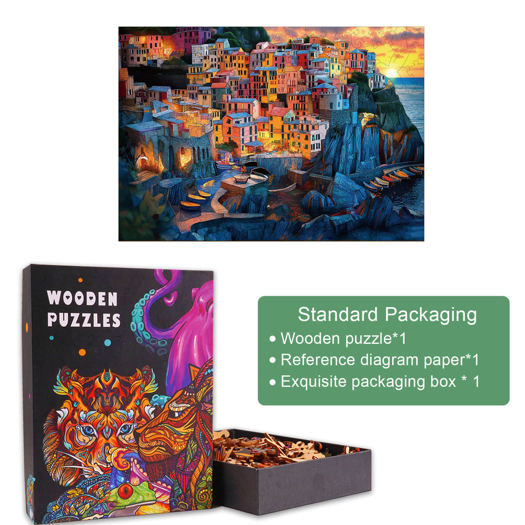 Stained Glass Cinque Terre wooden jigsaw puzzle, beautifully packaged, designed for puzzle enthusiasts.