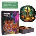 Halloween skeletons wooden jigsaw puzzle set with colorful box, reference diagram, and high-quality wooden pieces.