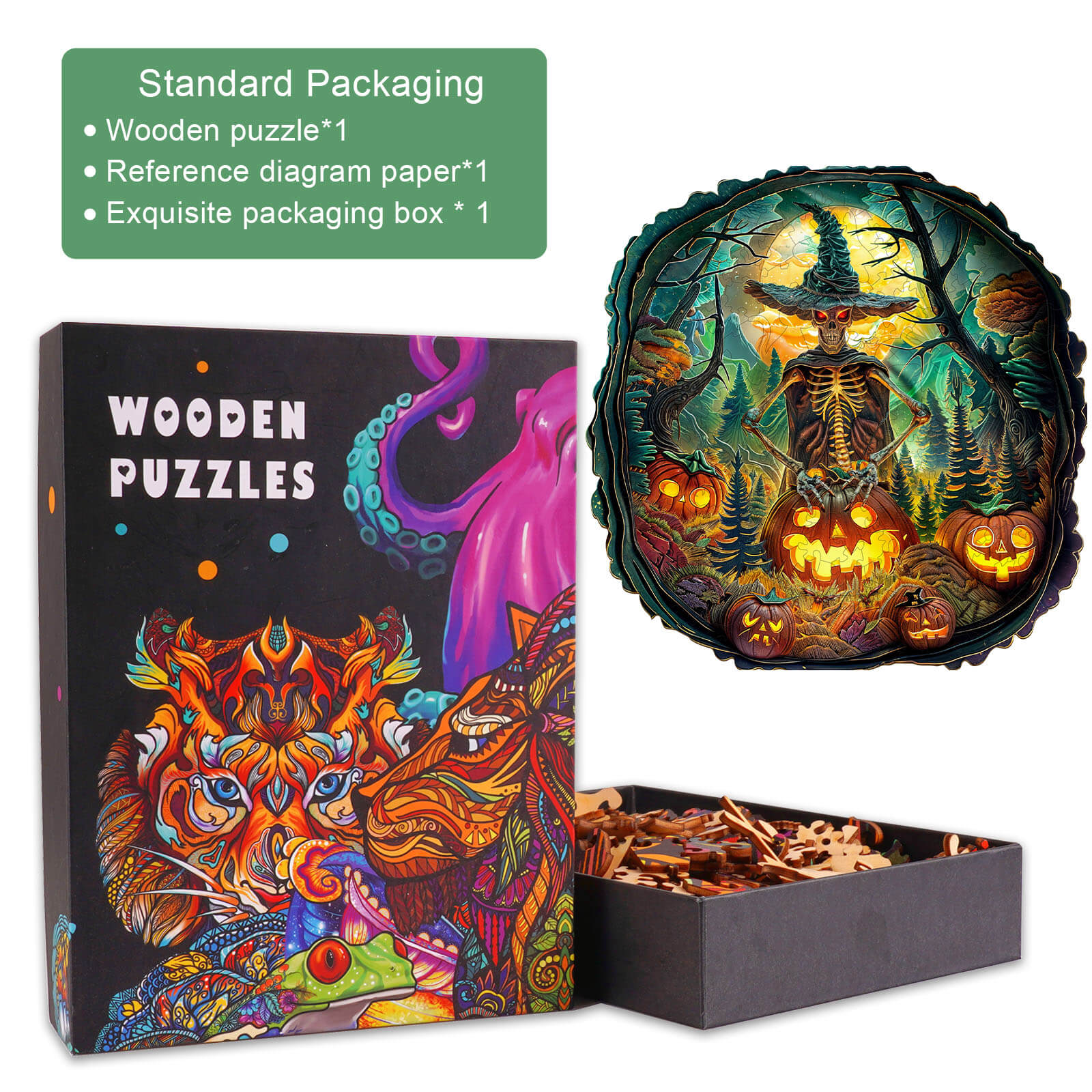 Halloween skeletons wooden jigsaw puzzle set with colorful box, reference diagram, and high-quality wooden pieces.