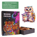 Colorful Sweet Owl Family wooden jigsaw puzzle packaging with pieces and reference diagram for brain games.