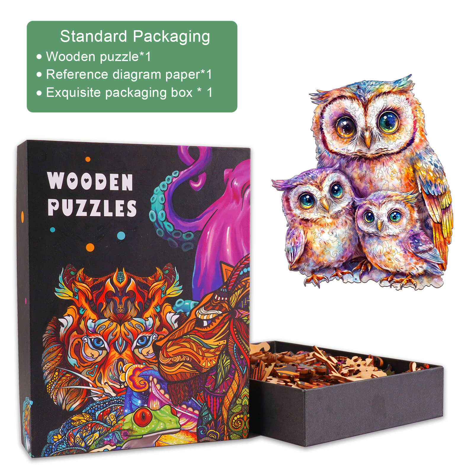 Colorful Sweet Owl Family wooden jigsaw puzzle packaging with pieces and reference diagram for brain games.