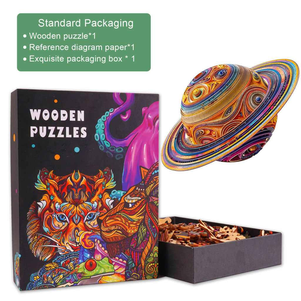 Colorful wooden puzzle packaging featuring a vibrant Saturn design and contents: wooden pieces and reference diagram.