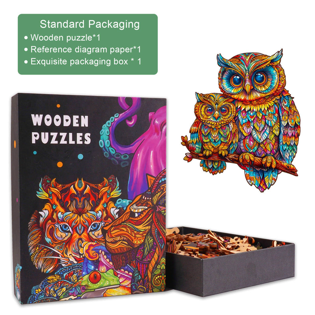 Owl family-3 wooden jigsaw puzzle kit featuring vibrant colorful designs, puzzle pieces, and packaging box.