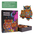 Owl family-3 wooden jigsaw puzzle kit featuring vibrant colorful designs, puzzle pieces, and packaging box.
