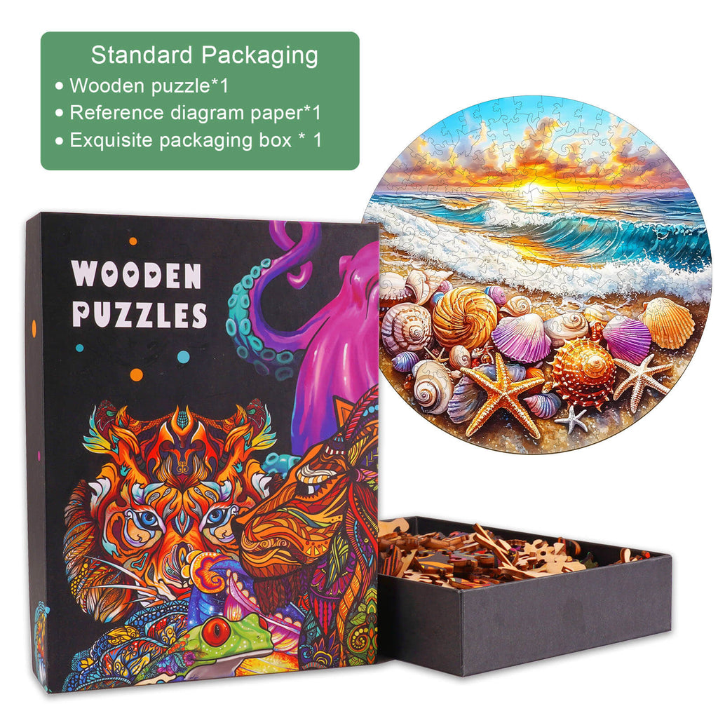 Ocean and Shells-1 wooden jigsaw puzzle in colorful packaging with a beach scene illustration.