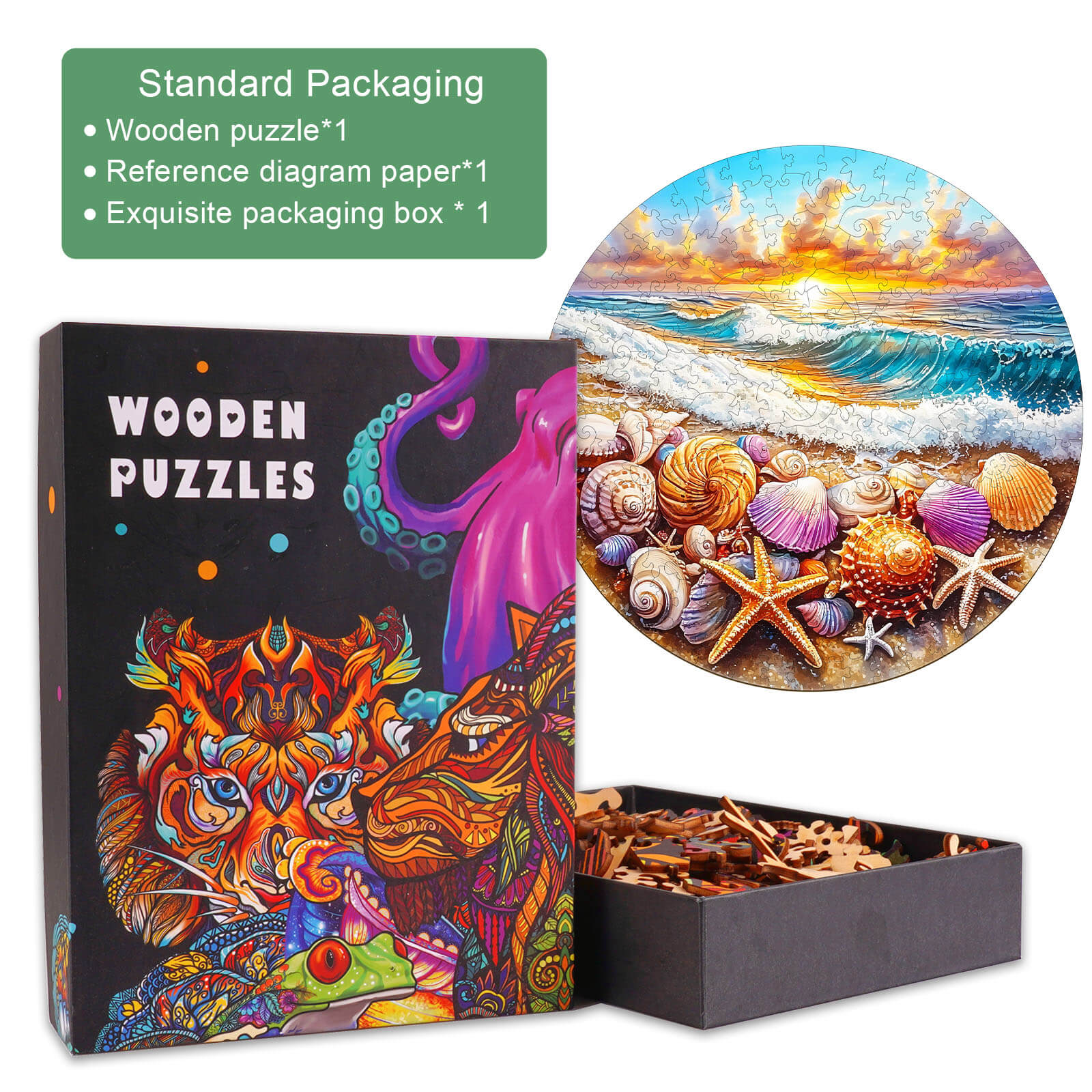 Ocean and Shells-1 wooden jigsaw puzzle in colorful packaging with a beach scene illustration.
