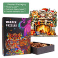 Fireplace Kitten wooden jigsaw puzzle kit, featuring three kittens in Christmas hats next to a cozy fireplace.
