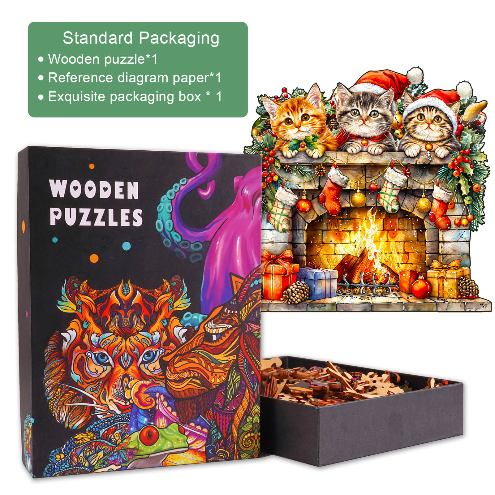 Fireplace Kitten wooden jigsaw puzzle kit, featuring three kittens in Christmas hats next to a cozy fireplace.