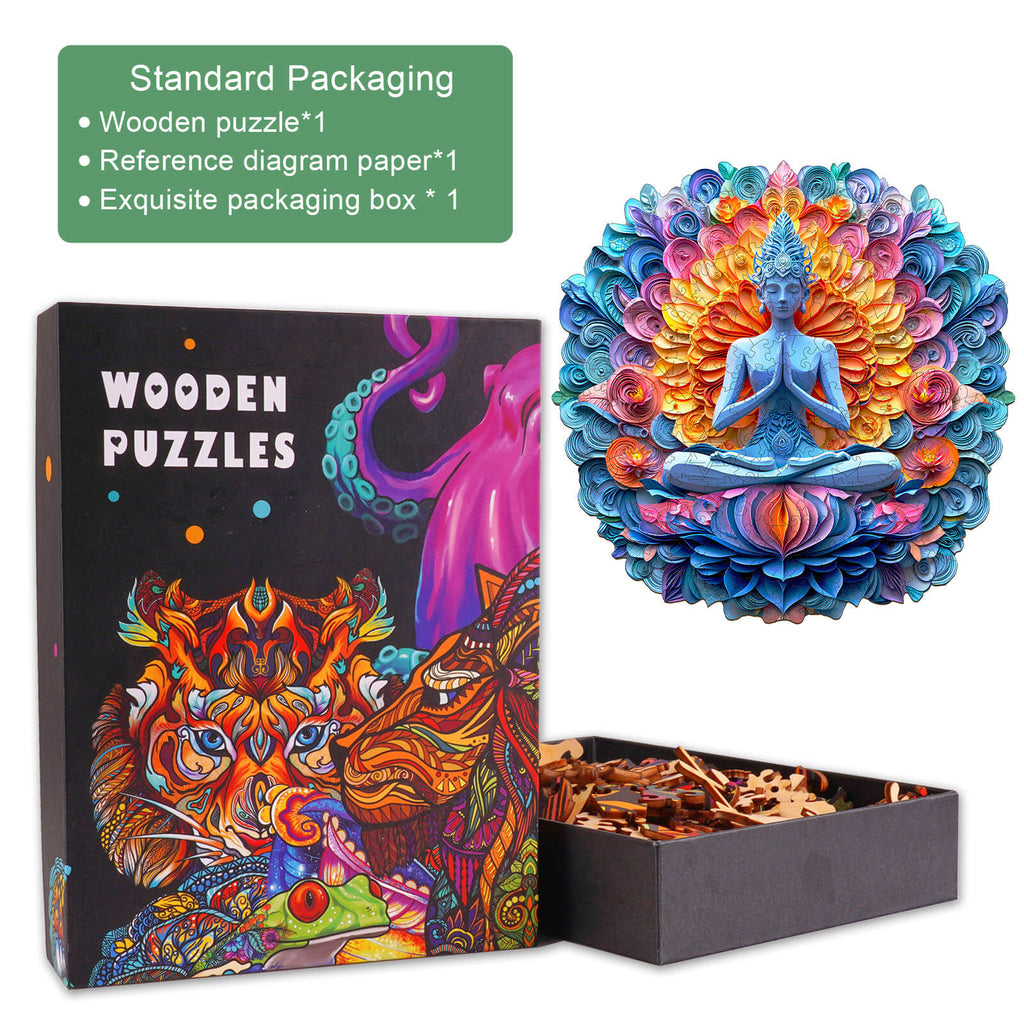 Yoga and mandala wooden jigsaw puzzle in packaging with colorful design and puzzle pieces visible.
