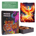 Phoenix Legends wooden jigsaw puzzle with colorful phoenix artwork, packaged in an exquisite box for focused mind gameplay.
