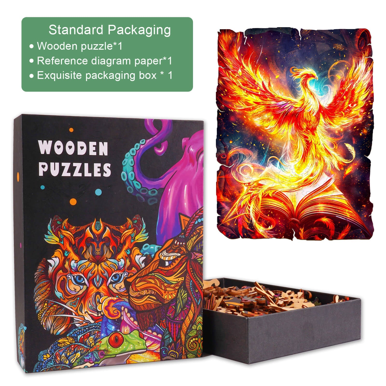 Phoenix Legends wooden jigsaw puzzle with colorful phoenix artwork, packaged in an exquisite box for focused mind gameplay.