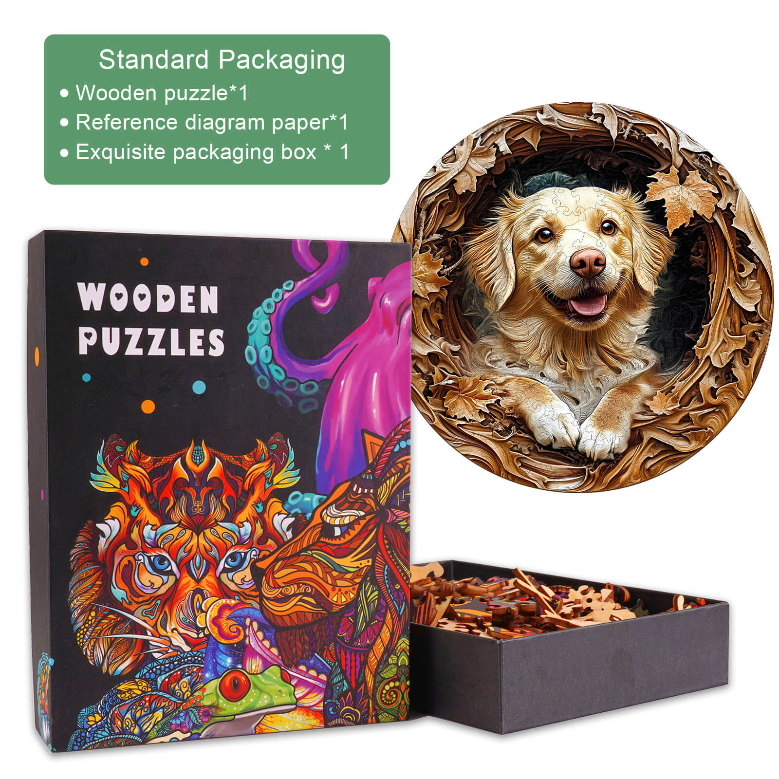 3D Golden Retriever-2 wooden jigsaw puzzle with vibrant packaging and detailed dog illustration for mind games.