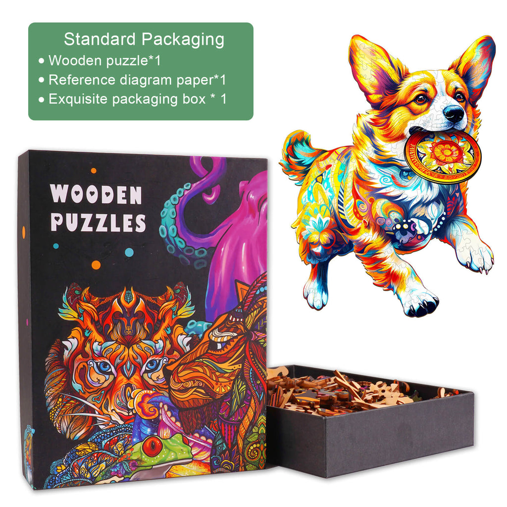 Colorful wooden jigsaw puzzle box featuring a playful dog, showcasing mind games for puzzle enthusiasts.