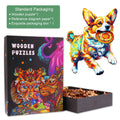 Colorful wooden jigsaw puzzle box featuring a playful dog, showcasing mind games for puzzle enthusiasts.