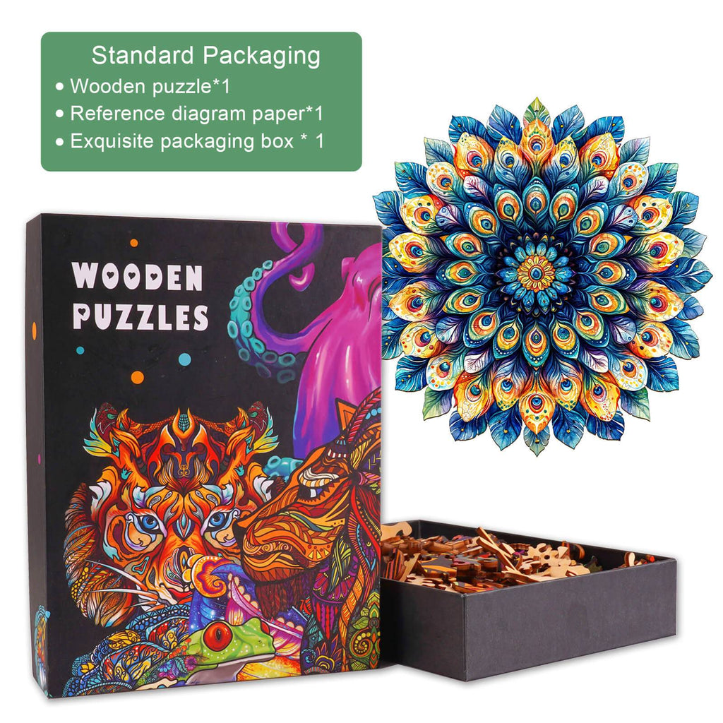 Wooden jigsaw puzzle featuring a vibrant Peacock Feather Mandala design, ideal for mindful puzzle enthusiasts.