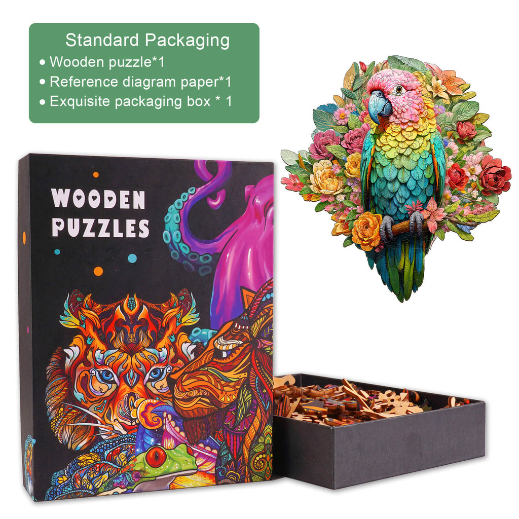 Colorful Parrot wooden jigsaw puzzle packaging with intricate design and vibrant colors, perfect for puzzle enthusiasts.