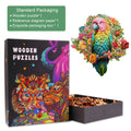 Colorful Parrot wooden jigsaw puzzle packaging with intricate design and vibrant colors, perfect for puzzle enthusiasts.