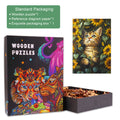 Sunflower and Cat wooden jigsaw puzzle in an exquisite packaging box with a reference diagram for puzzle solving.