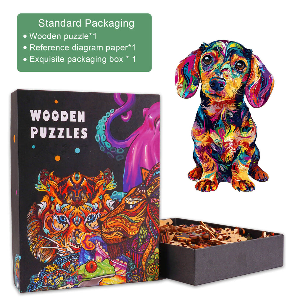 Colorful Dachshund-1 wooden jigsaw puzzle in an elegant box, featuring vibrant art and puzzle pieces for mind games.