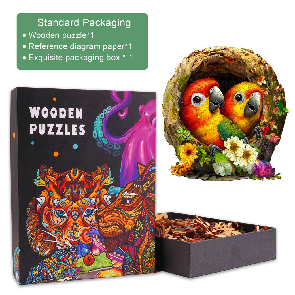 Naughty Parrot-1 wooden jigsaw puzzle in an exquisite packaging box, featuring colorful parrots and puzzle pieces.