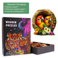 Naughty Parrot-1 wooden jigsaw puzzle in an exquisite packaging box, featuring colorful parrots and puzzle pieces.