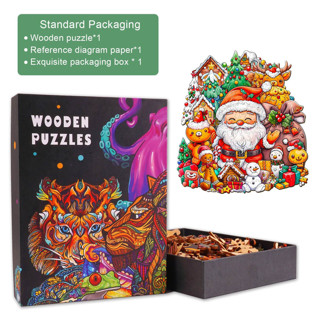 Christmas Cheer-1 wooden jigsaw puzzle with festive design, includes packaging and reference diagram.
