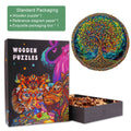 Mysterious Tree of Life wooden jigsaw puzzle in stunning packaging, showcasing vibrant colors and intricate design.