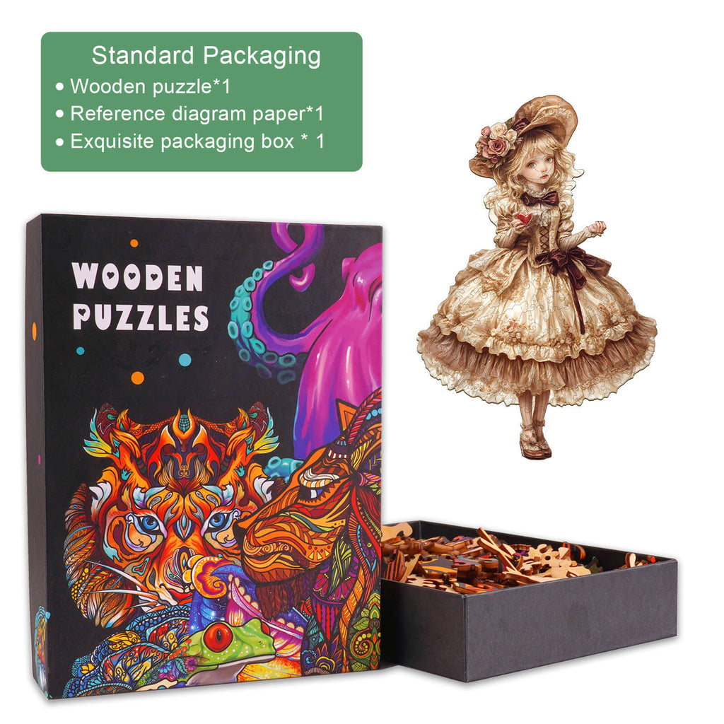 Victorian Doll-2 wooden jigsaw puzzle in artistic packaging with colorful design and pieces in box.