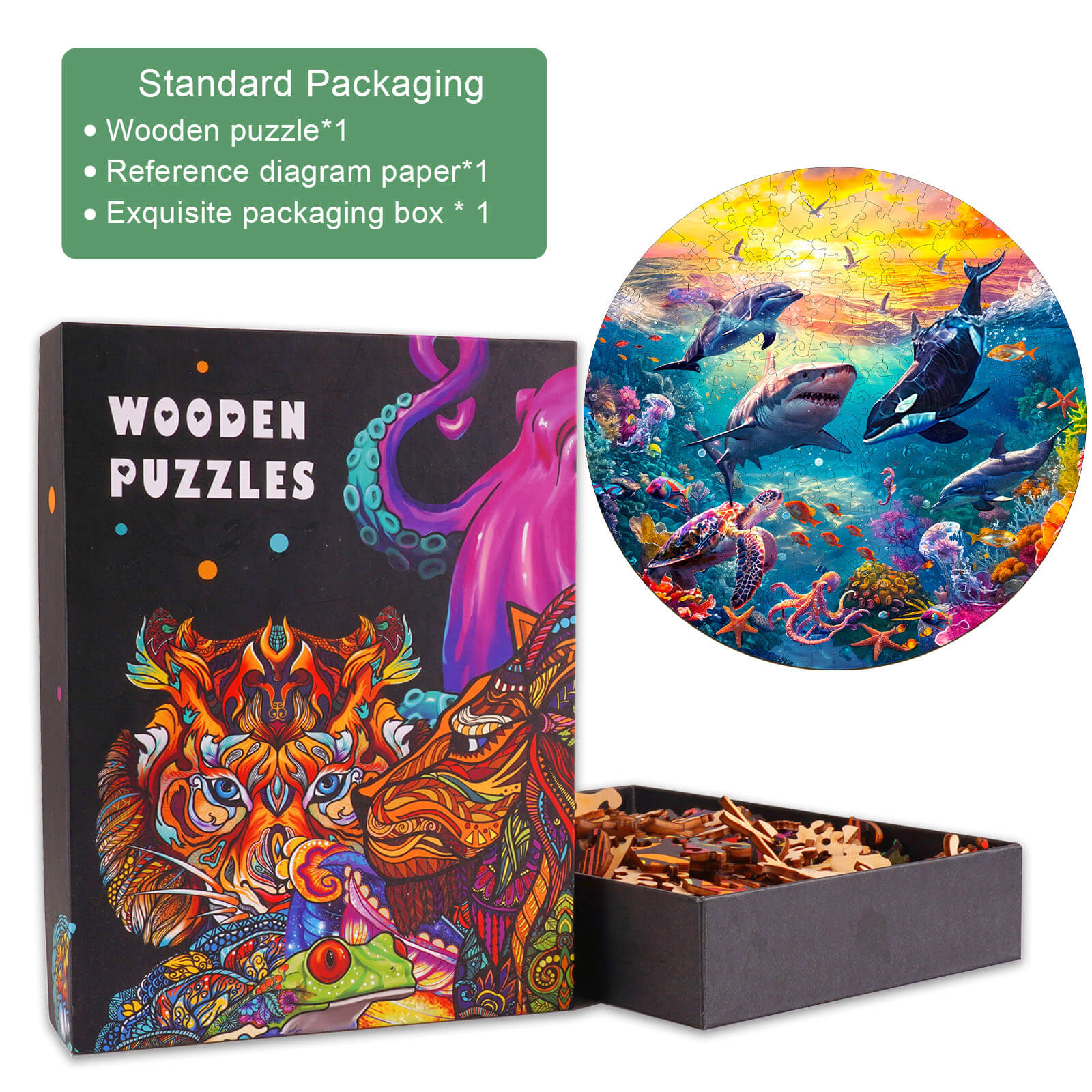 Underwater World Wooden Jigsaw Puzzle featuring vibrant sea life, packaged in an exquisite box for puzzle enthusiasts.