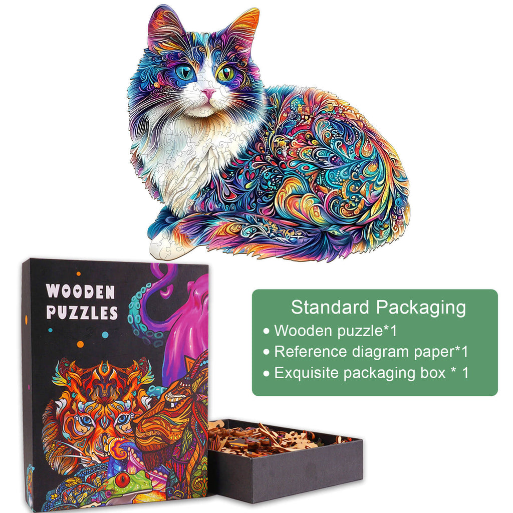 Lazy Cat wooden jigsaw puzzle featuring vibrant colors and intricate designs, packaged for engagement and fun.