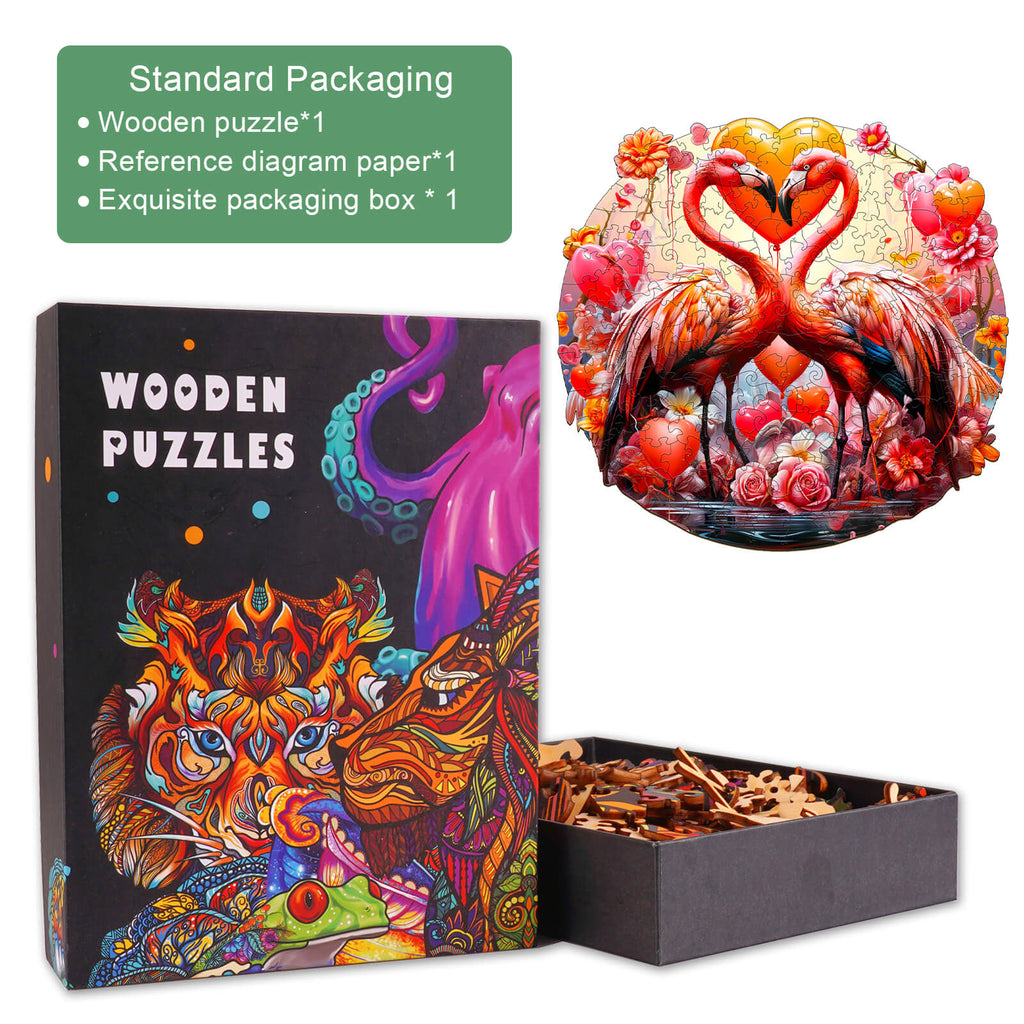 Sweet Flamingo Wooden Jigsaw Puzzle with vibrant artwork, showing the packaging and completed puzzle image.