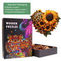 Colorful sunflower wooden jigsaw puzzle in exquisite packaging with reference diagram and vibrant art design.