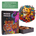 Colorful Cat in Flowers wooden jigsaw puzzle with vibrant packaging and pieces, perfect for brain-boosting fun.