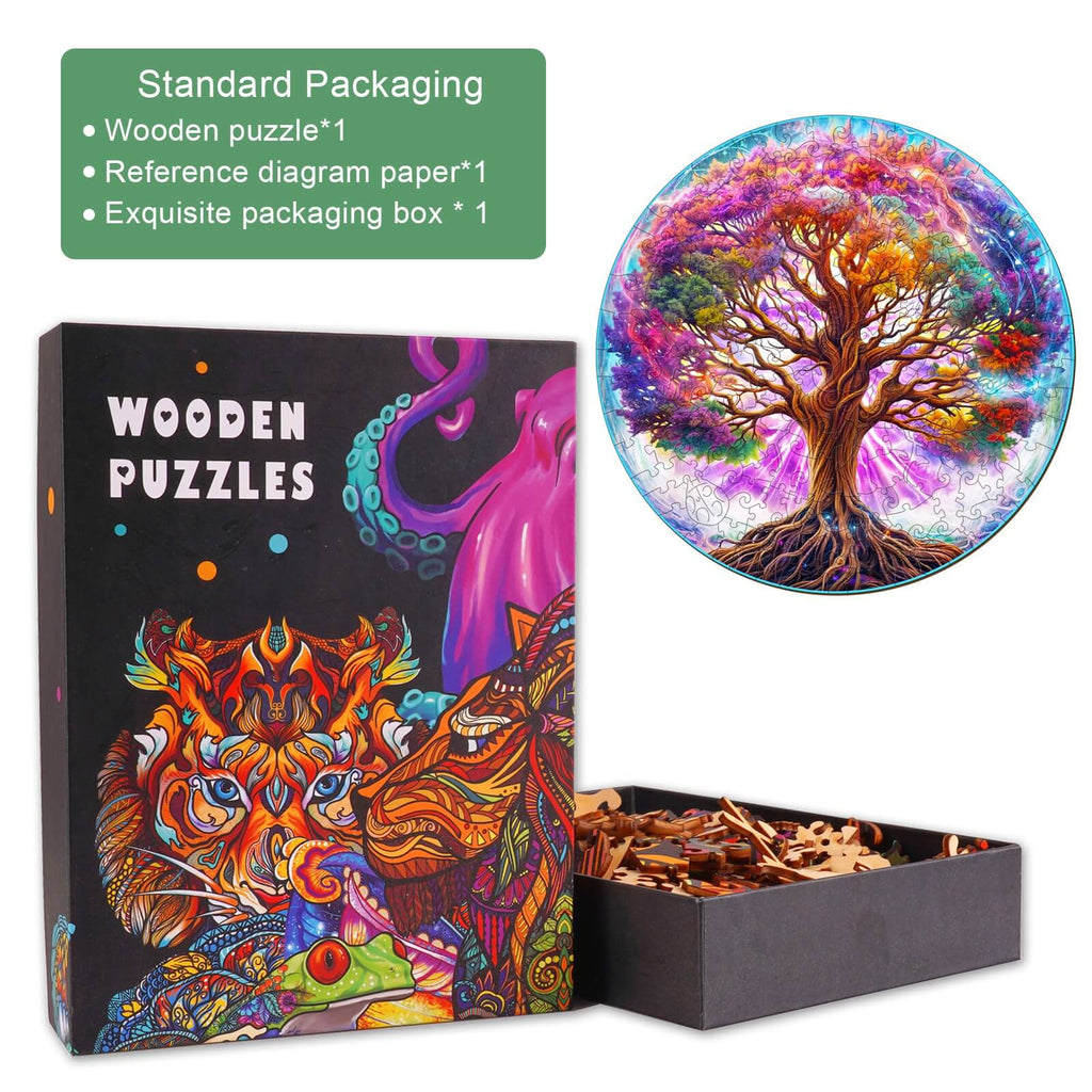 Dreamy Life Tree Wooden Jigsaw Puzzle packaging with colorful tree design and puzzle pieces.
