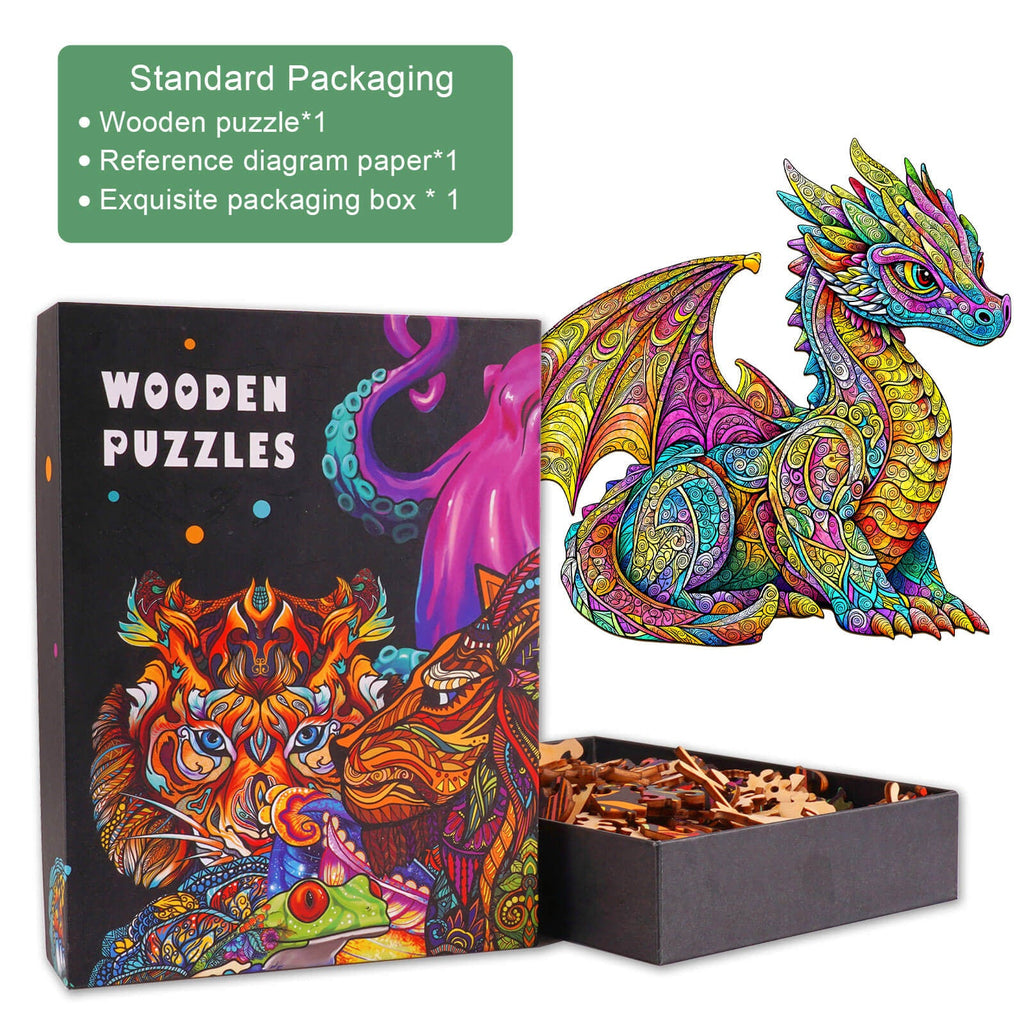Holy Dragon Wooden Jigsaw Puzzle with colorful dragon design and packaging featuring vibrant artwork.