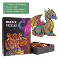 Holy Dragon Wooden Jigsaw Puzzle with colorful dragon design and packaging featuring vibrant artwork.
