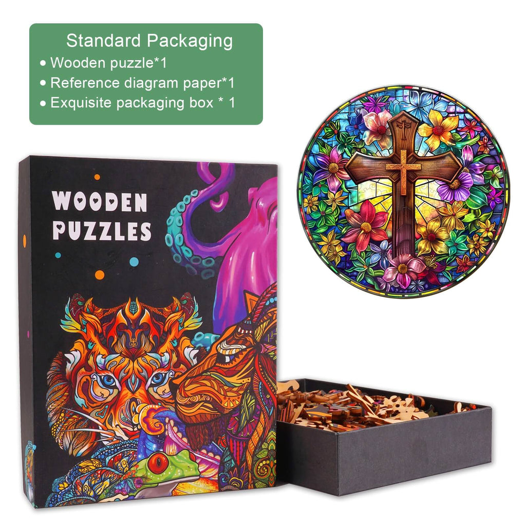 Stained Glass Cross wooden jigsaw puzzle in artistic packaging, featuring colorful floral designs and a detailed cross.