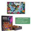 Stained Glass Hummingbird wooden jigsaw puzzle with vibrant flowers and packaging details for puzzle enthusiasts.