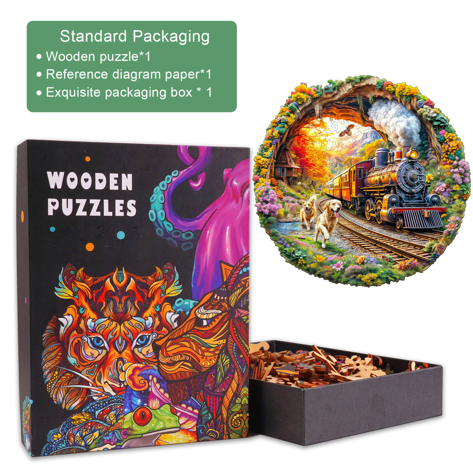 3D Racing the Train-2 wooden jigsaw puzzle with vibrant packaging and pieces for focused mind games.