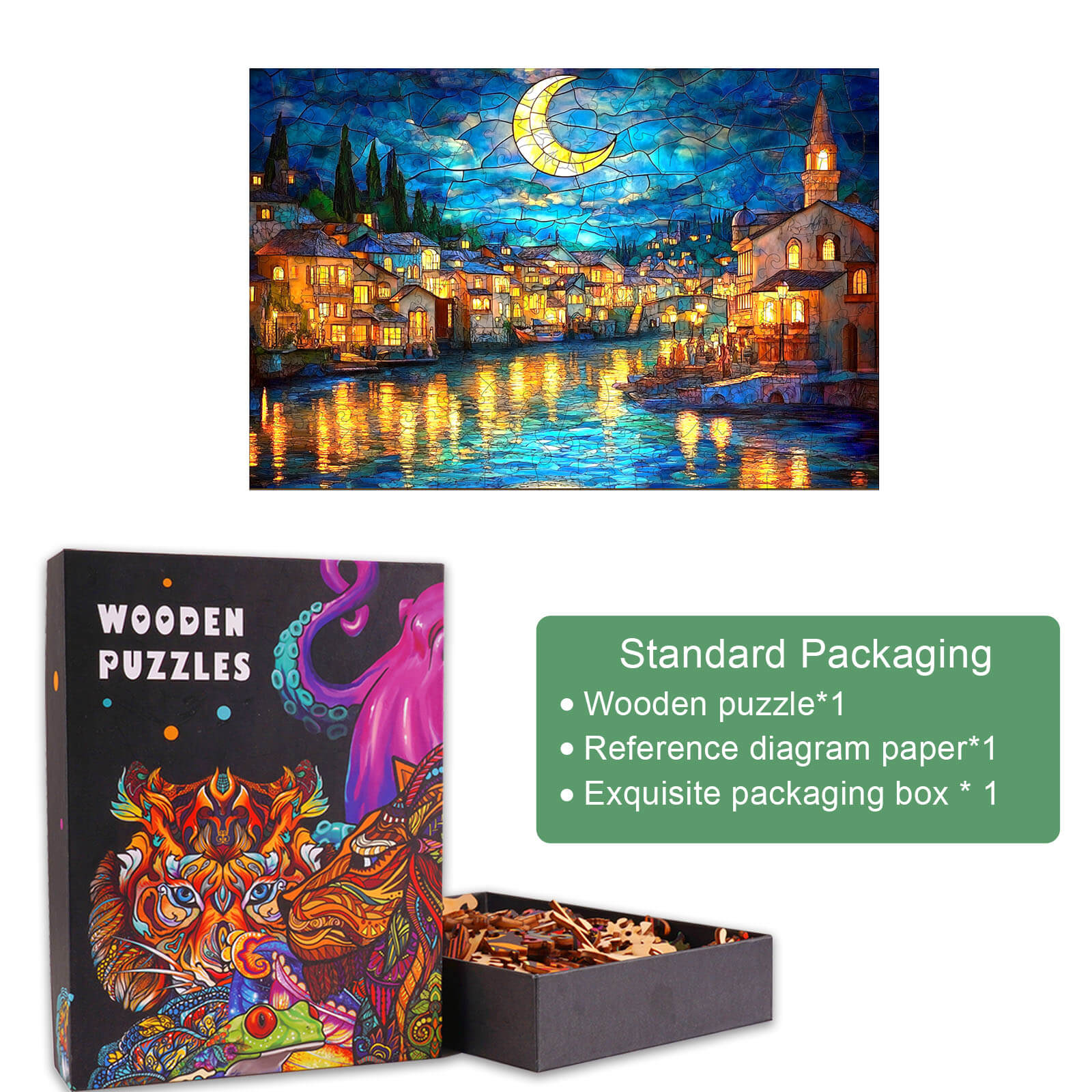 Stained Glass Starry Night-2 wooden jigsaw puzzle in a decorative box with packaging and reference diagram.