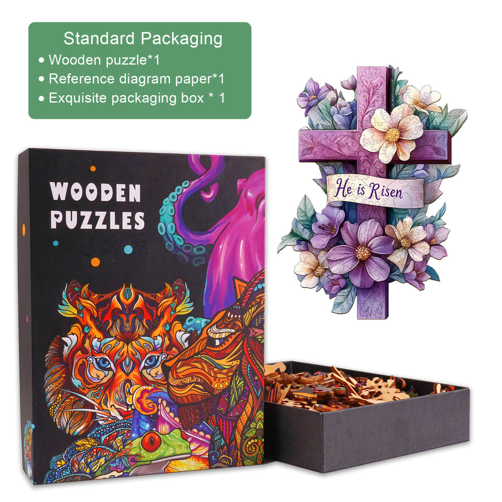 Resurrection Cross wooden jigsaw puzzle in box with colorful artwork and 'He is Risen' design for mind games and focus.