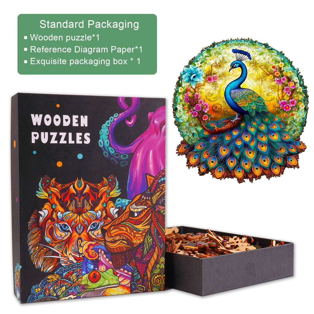 Uncharted Peacock Wooden Jigsaw Puzzle with colorful peacock design and exquisite packaging, showing pieces in box.